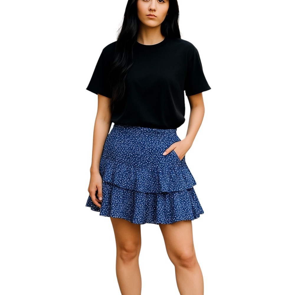 Tiered Navy Floral A-Line Skirt